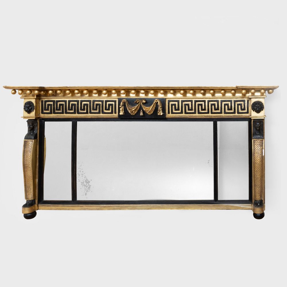 Appraisal: Regency Giltwood and Ebonized Three-Part Overmantel Mirror x ft in