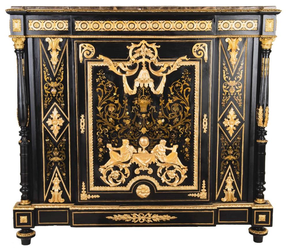 Appraisal: LOUIS XIV STYLE BOULLE INLAID MARBLE TOP COMMODE inches wide