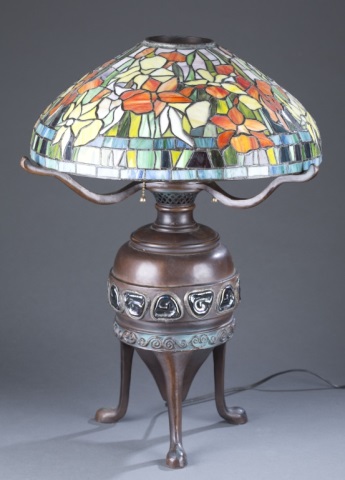 Appraisal: Mid-th Century Tiffany-Style Lamp Leaded glass floral shade with three