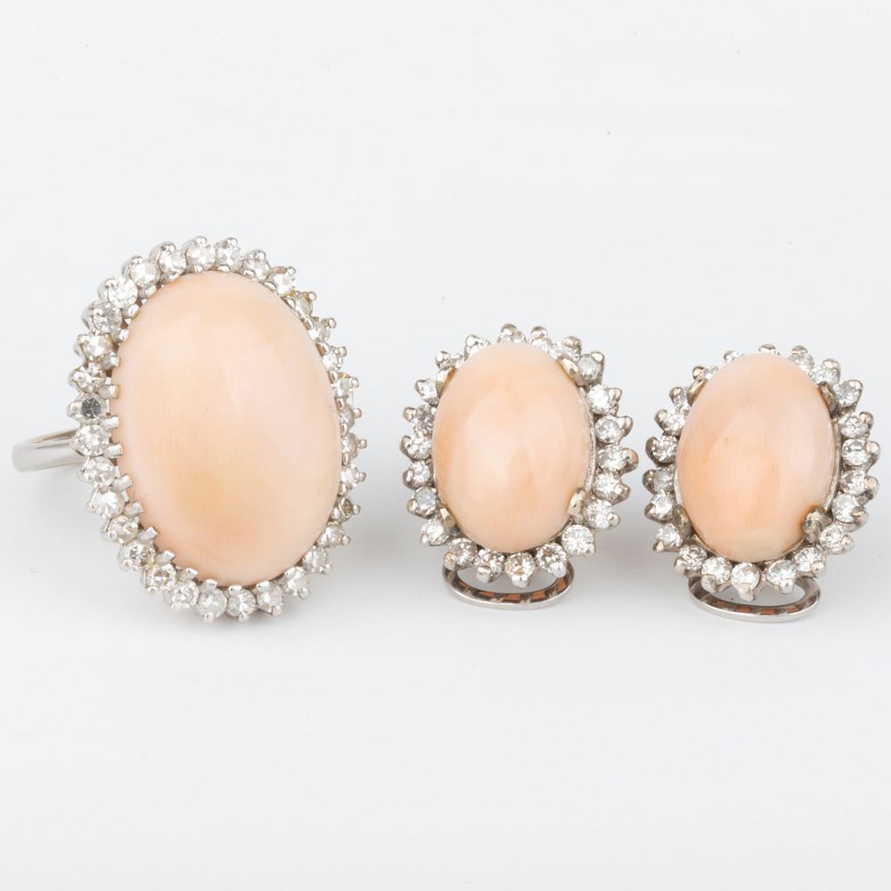 Appraisal: Pair of k White Gold Pink Coral and Diamond Earrings