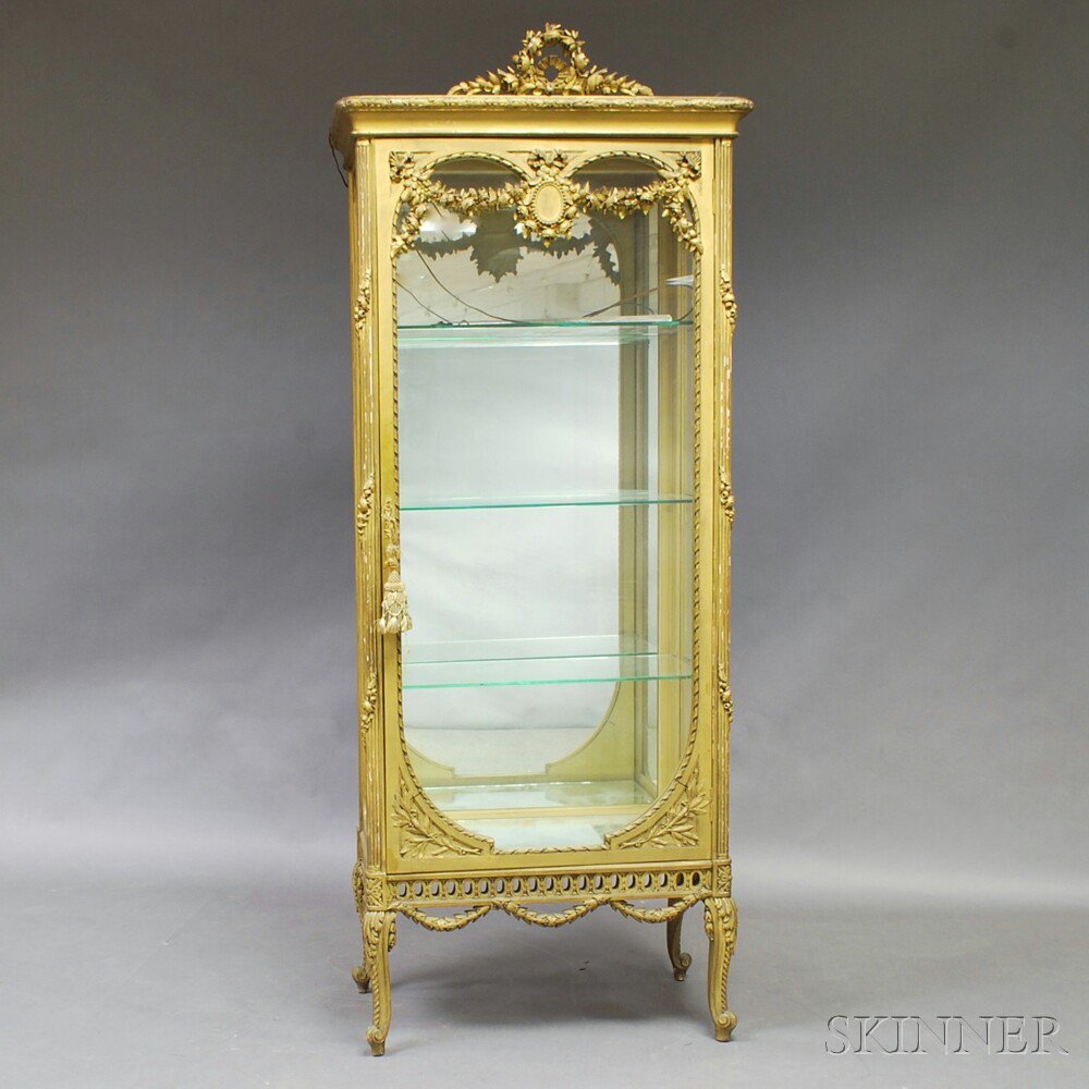 Appraisal: Louis XV-style Painted Gesso and Mirrored Vitrine the foliate carved