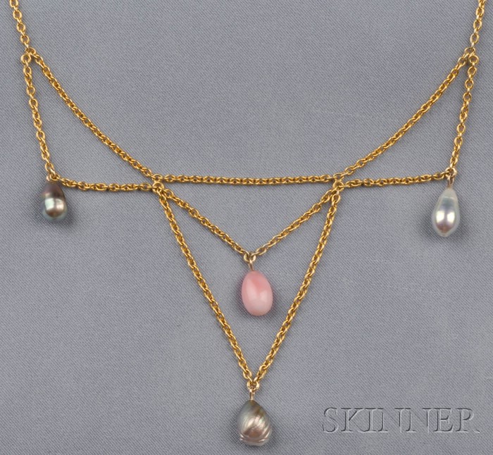 Appraisal: kt Gold and Pearl Festoon Necklace London composed of antique