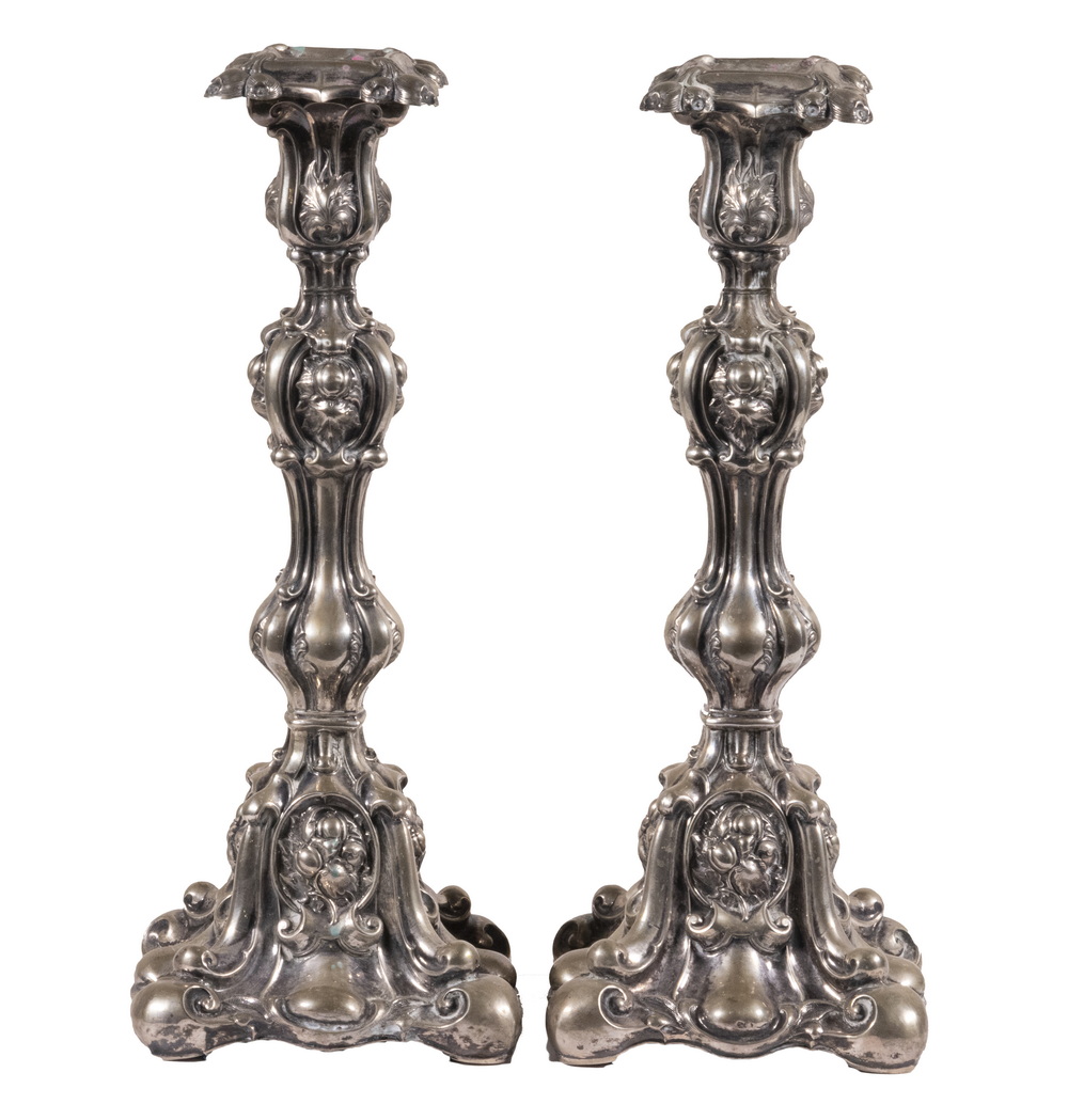 Appraisal: PR GERMAN -SILVER BAROQUE CANDLESTICKS Pair of th c Ornate