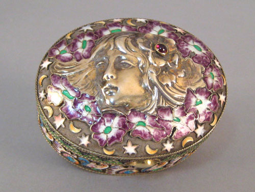 Appraisal: Russian art nouveau silver enamel round box ca by the