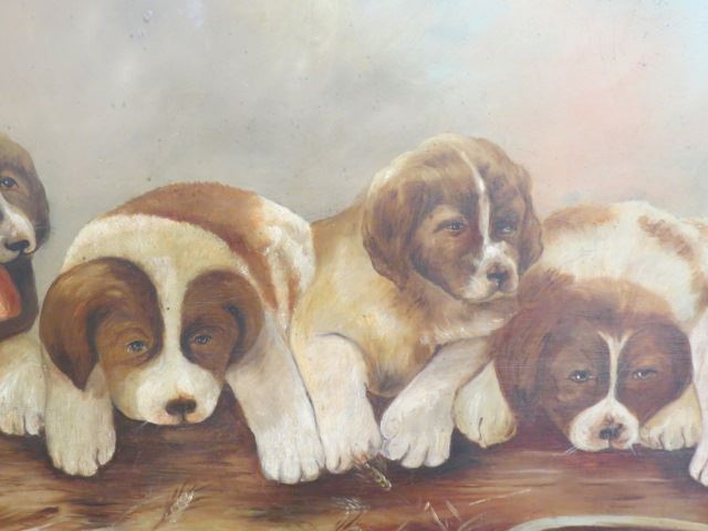 Appraisal: th Century Oil of Puppies staring at an empty feeding