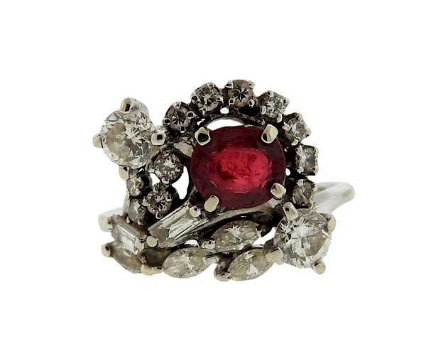 Appraisal: K Gold Diamonds Red Stone Flower Motif Ring METAL K