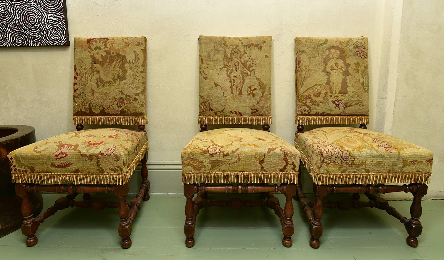 Appraisal: A SET OF SIX ANTIQUE TASSLED DINING CHAIRS three featured