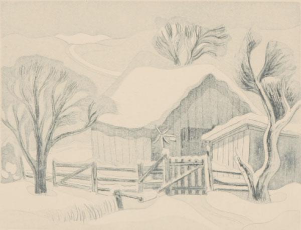 Appraisal: George Jo Mess American - architectural winter landscape aquatint image