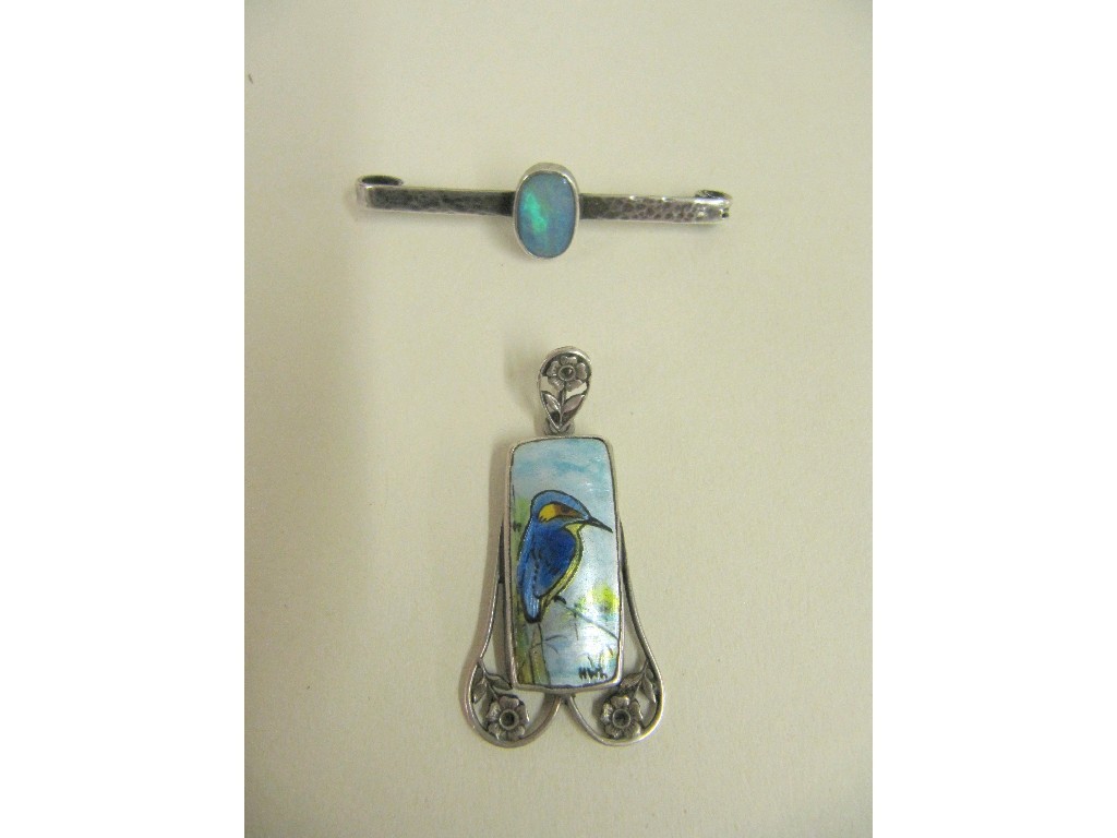 Appraisal: Lot comprising a silver and enamel kingfisher pendant monogrammed HWK