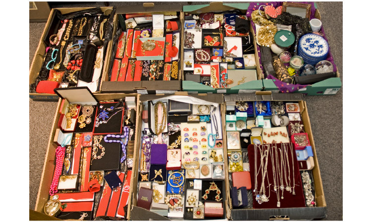 Appraisal: Six Large Boxes Of Costume Jewellery Comprising Chains Brooches Bracelets