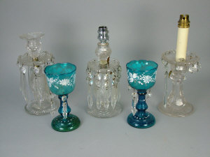 Appraisal: A pair of Bohemian blue glass lustres with foliate white