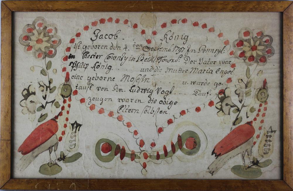 Appraisal: AMERICAN SCHOOL LATE TH CENTURY FRAKTUR BIRTH AND BAPTISMAL CERTIFICATE