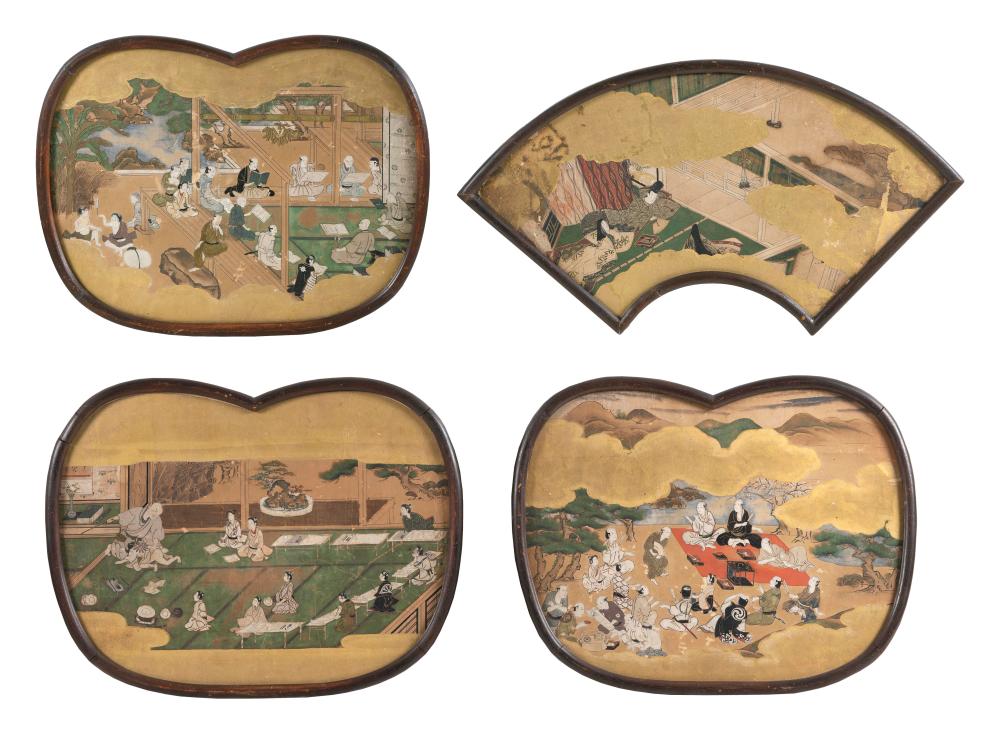 Appraisal: FOUR JAPANESE FAN PAINTINGS EDO PERIOD GOUACHE WITH GILT WASH