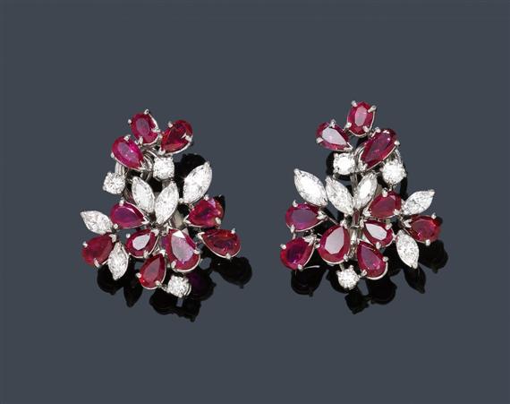 Appraisal: RUBY AND DIAMOND EAR CLIPS ca Platinum Very decorative classic