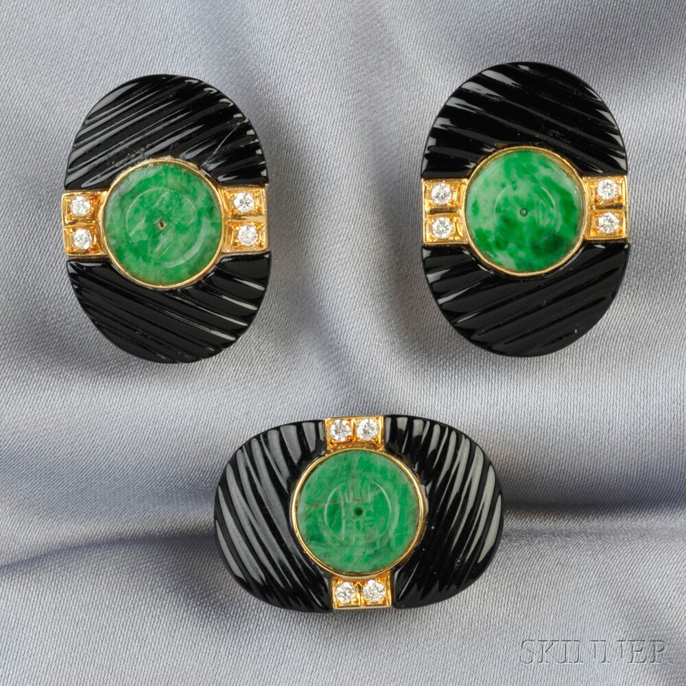 Appraisal: kt Gold Jade Onyx and Diamond Ring and Earclips the