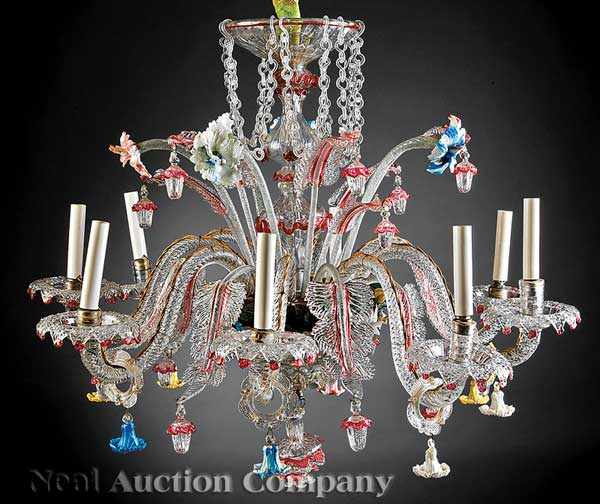 Appraisal: An Antique Venetian Glass Eight-Light Chandelier vasiform standard with hand