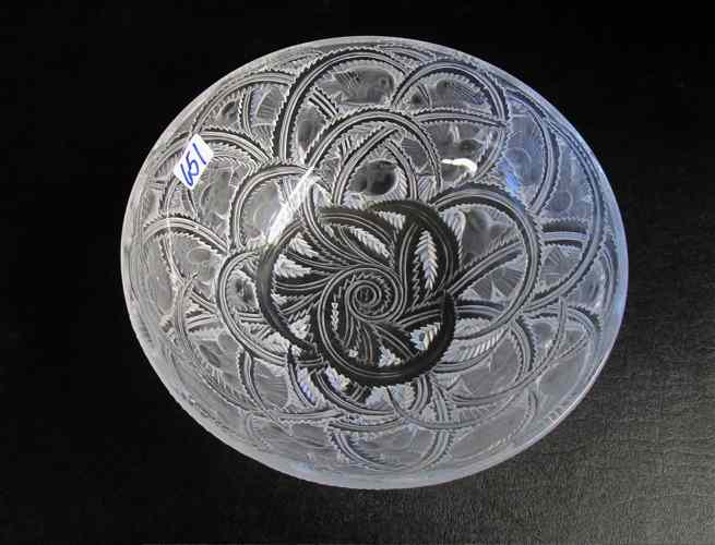 Appraisal: LALIQUE FRANCE CRYSTAL ''PINSONS'' BOWL with sparrows and arches of