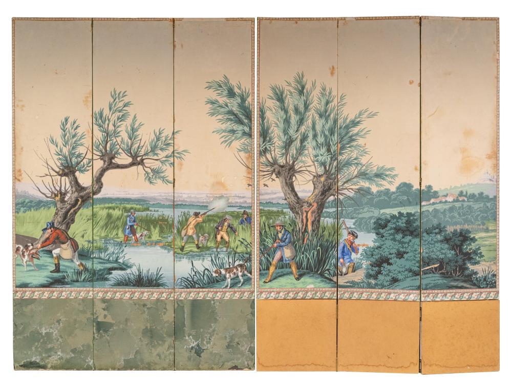 Appraisal: SIX-PANEL ROOM DIVIDERpainted paper mounted on wood depicting a continuous