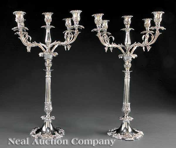 Appraisal: A Pair of Decorative Silverplate Five-Light Candelabra foliate acanthus candlecups