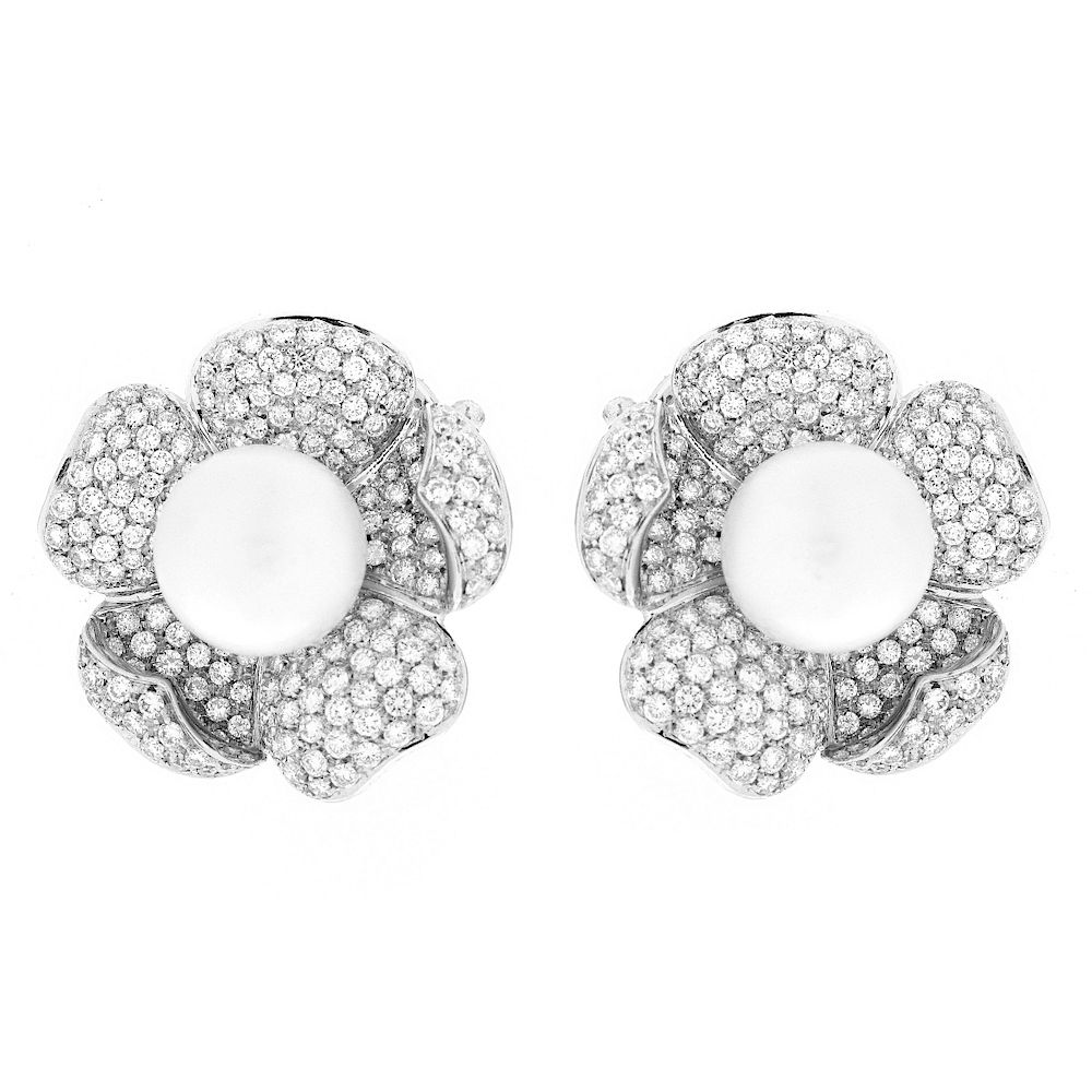 Appraisal: Diamond and South Sea Pearl Earrings Approx Carat Pave Set