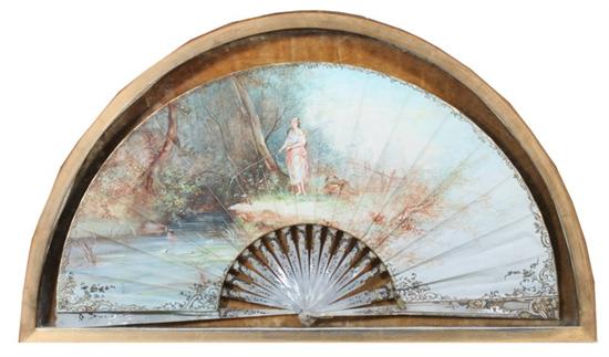 Appraisal: LARGE FRENCH MOTHER-OF-PEARL AND HAND-PAINTED PAPER FAN late th century