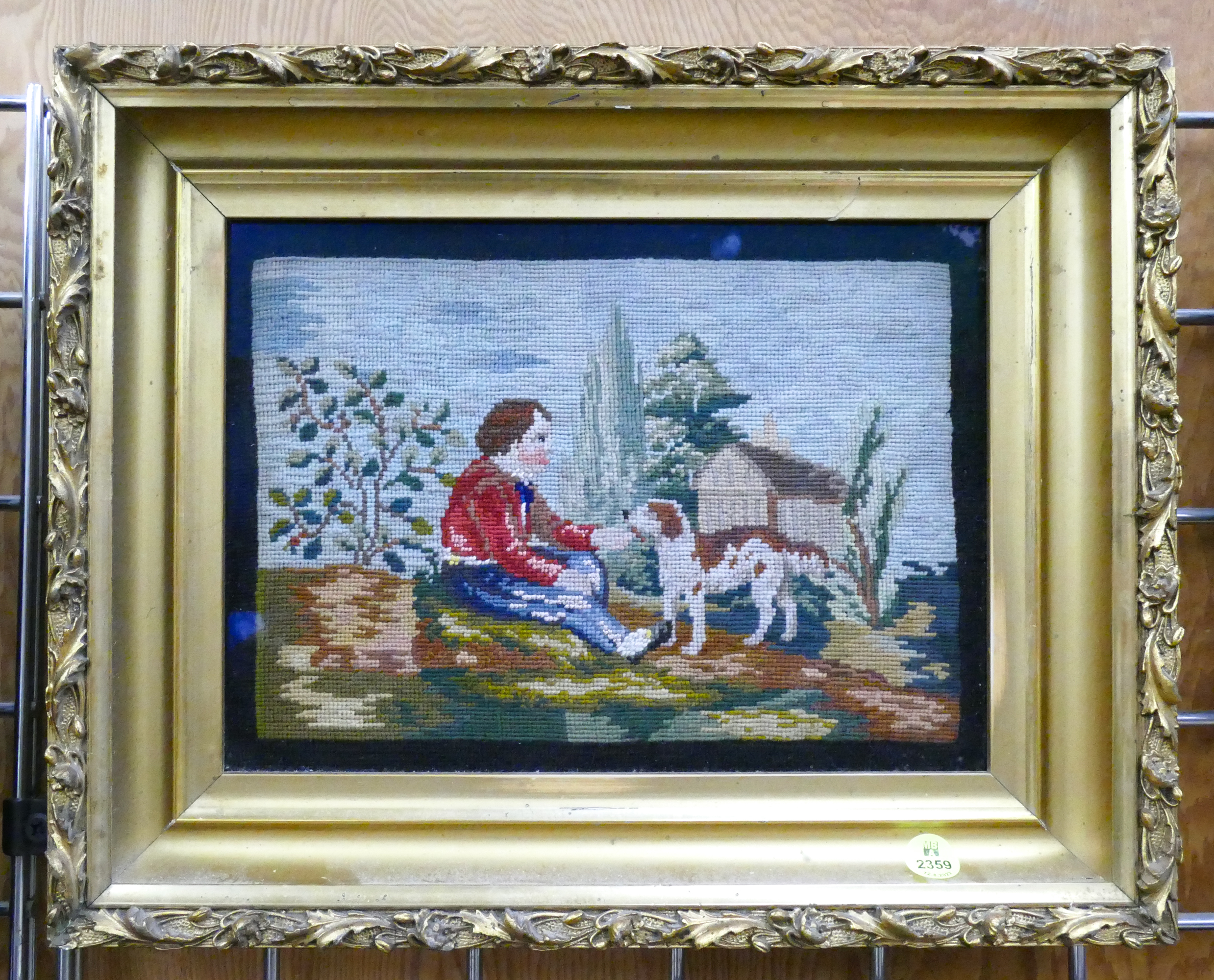 Appraisal: Antique Boy with Dog Needlework Framed- x ''