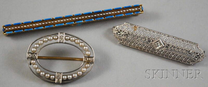 Appraisal: Three Gold Art Deco Pins an kt white gold diamond