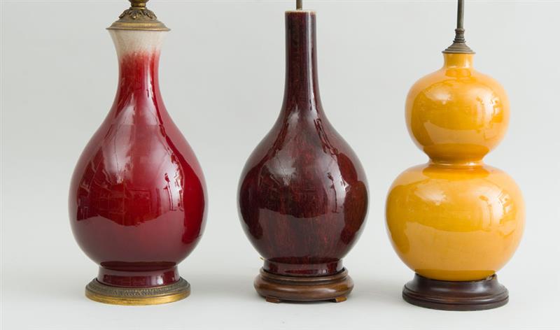 Appraisal: THREE CHINESE GLAZED PORCELAIN VASES MOUNTED AS LAMPS in in