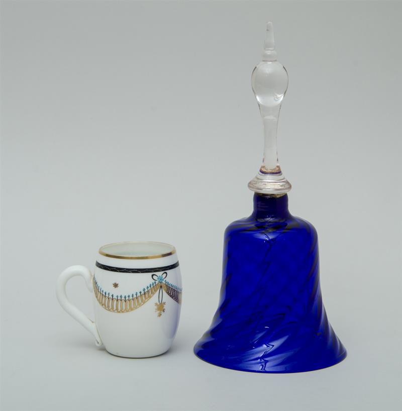 Appraisal: BRISTOL COBALT GLASS HAND BELL The spiral fluted bowl with