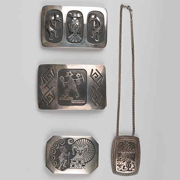 Appraisal: Hopi Silver Overlay Belt Buckles and Necklace lot of Includes