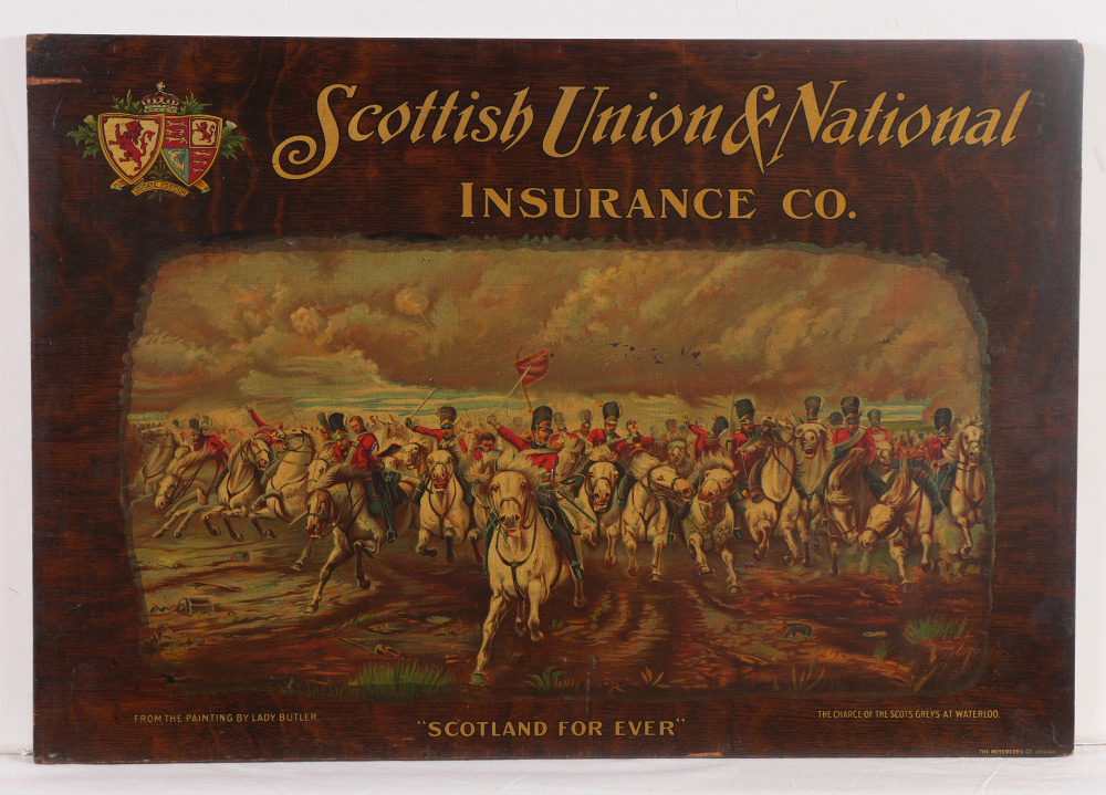 Appraisal: SCOTTISH UNION NATIONAL INSURANCE ADVERTISING PANEL Lithograph on oak wood