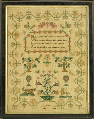 Appraisal: A th century needlework sampler decorated with angels above a