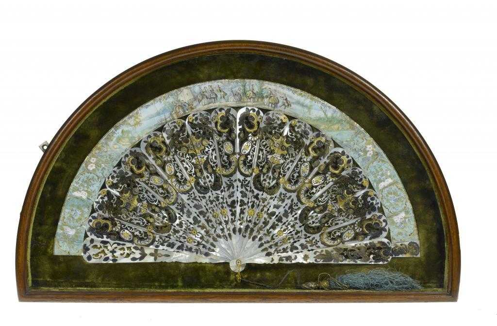 Appraisal: A FRENCH MOTHER OF PEARL FAN the narrow leaf printed