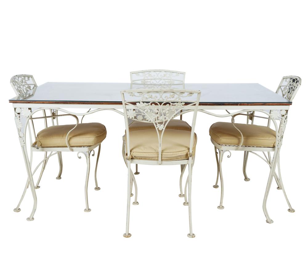 Appraisal: WHITE-PAINTED IRON PATIO DINING SETcomprising a table with inlaid wood