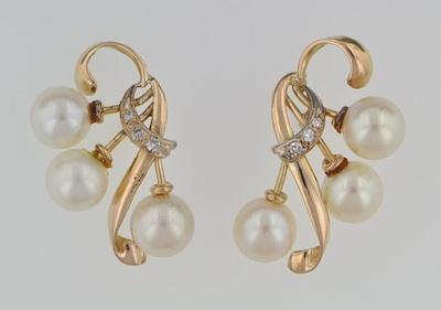 Appraisal: A Pair of Retro Design Pearl and Diamond Earrings k