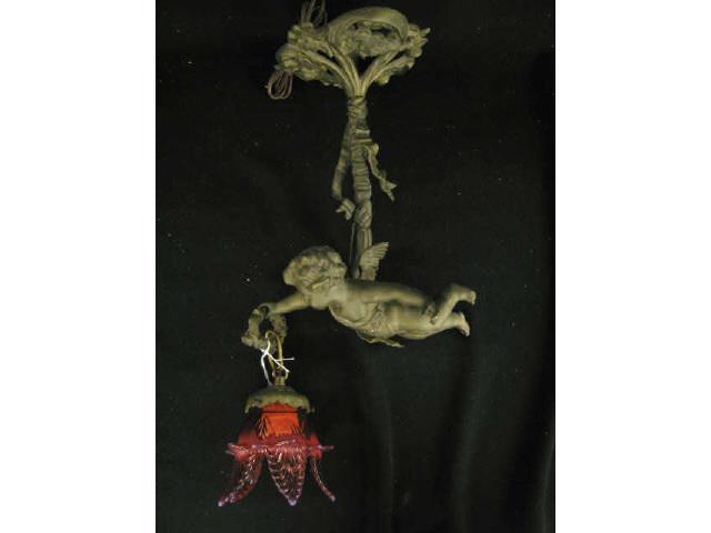 Appraisal: French Bronzed Figural Hanging Light cherub holding a wreath ribbon