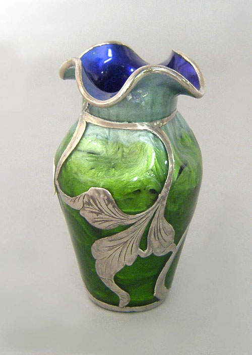 Appraisal: Silver overlay art glass vase h