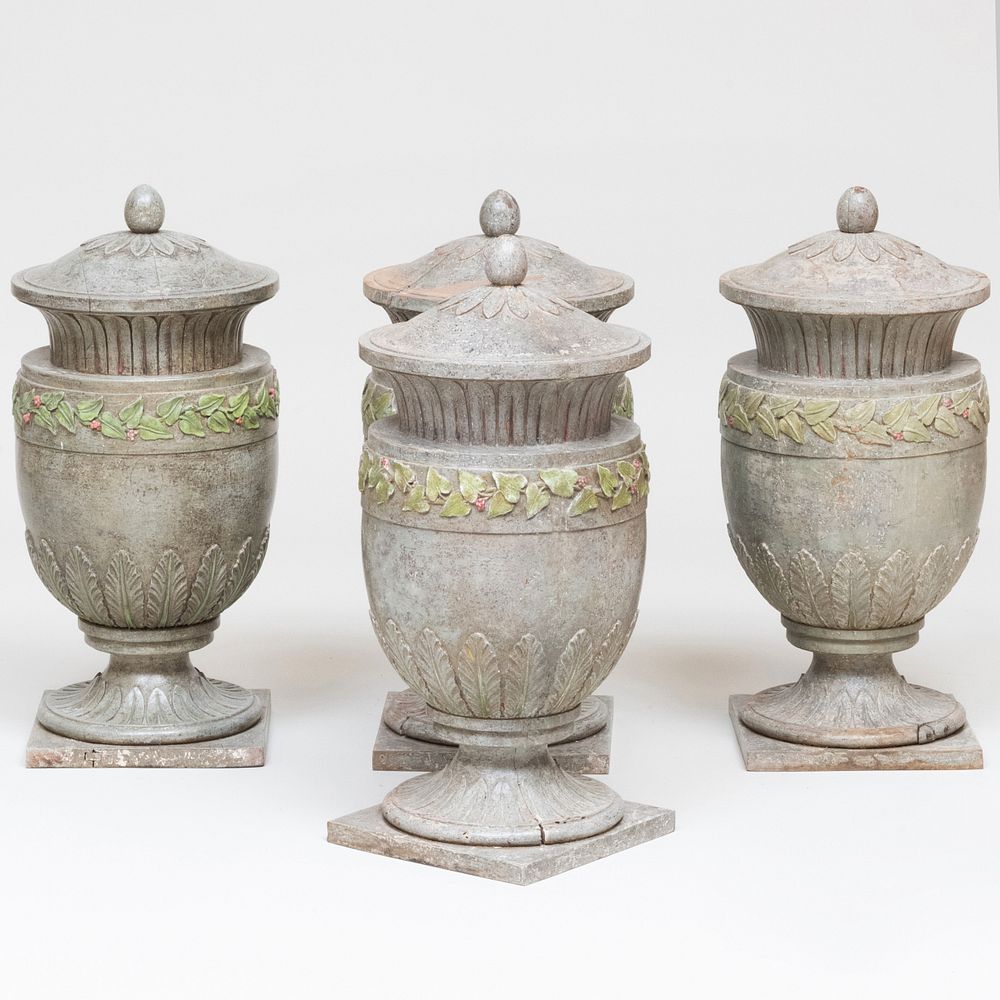 Appraisal: Set of Four Neoclassical Style Gray and Polychrome Painted Wood