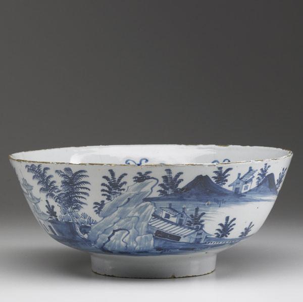 Appraisal: LAMBETH DELFT Deep bowl with landscape decoration ca Hairlines x