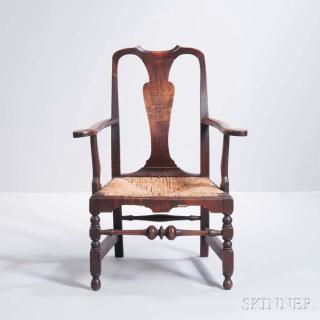 Appraisal: Tiger Maple Open Armchair Boston c - with yoked crest