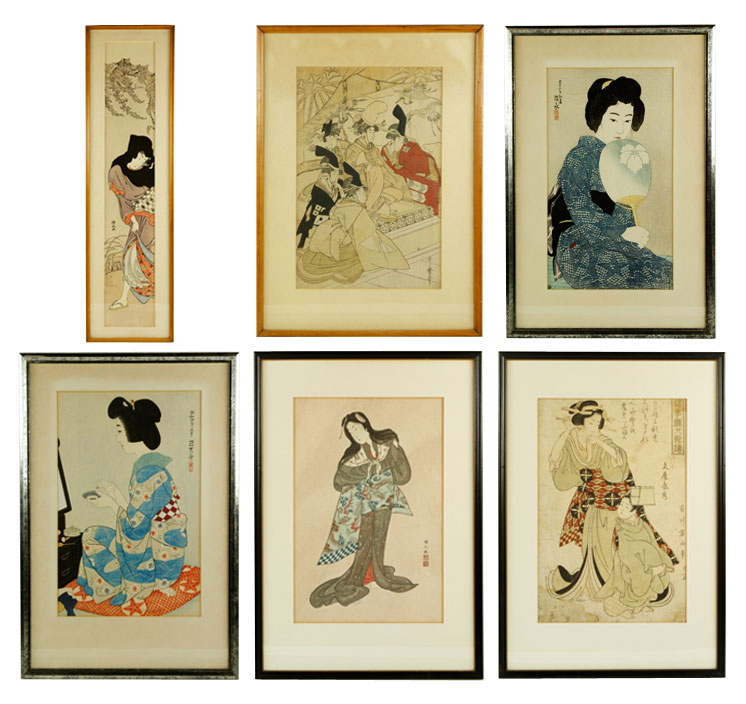 Appraisal: - Assorted Woodblock Prints Six assorted woodblock prints long vertical