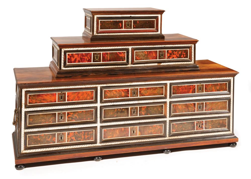 Appraisal: Large Continental Walnut and Tortoiseshell Collector's Case th c stepped