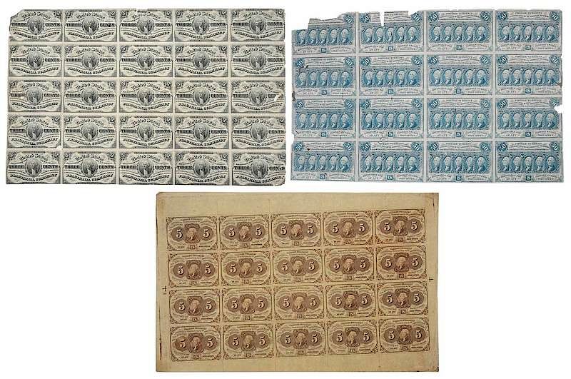 Appraisal: Three Uncut Sheets of U S Fractional Currency pieces cent