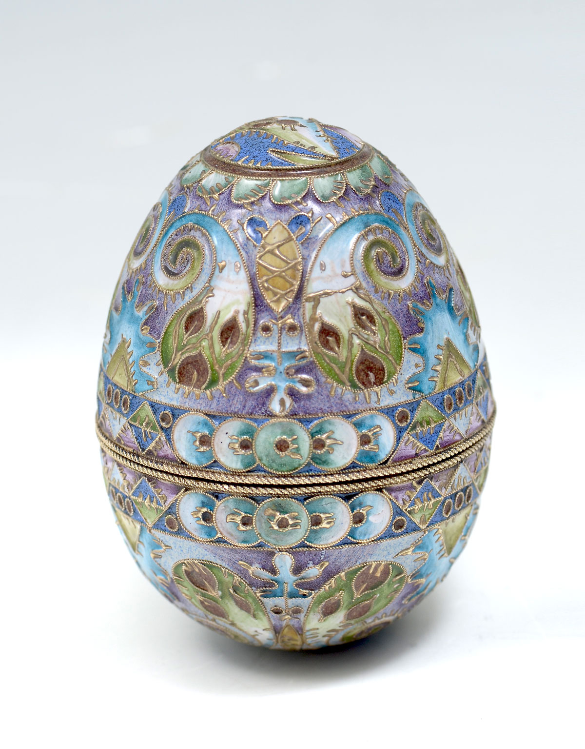 Appraisal: FEODOR RUCKERT ENAMELED SILVER HINGED EGG Hinged Russian silver cloisonne