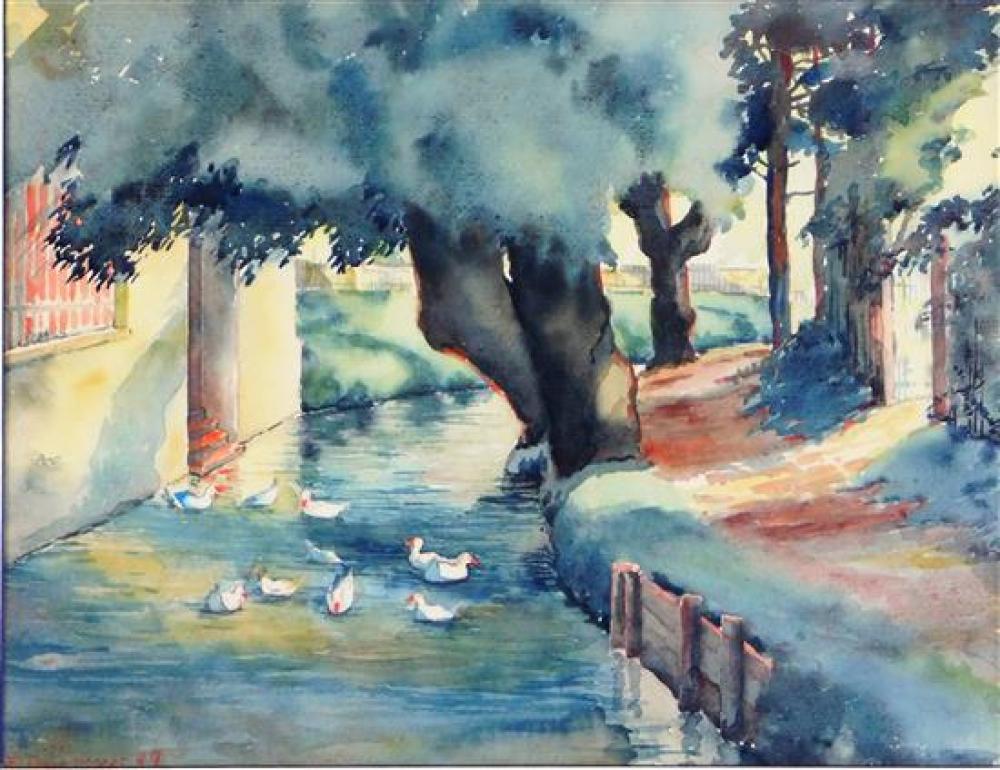 Appraisal: Watercolor depicts canal scene with ducks floating in water wooded