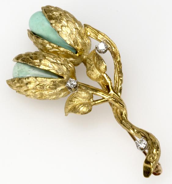 Appraisal: PERSIAN TURQUOISE AND DIAMOND MODERNIST BOUQUET BROOCH Ca Texturized k