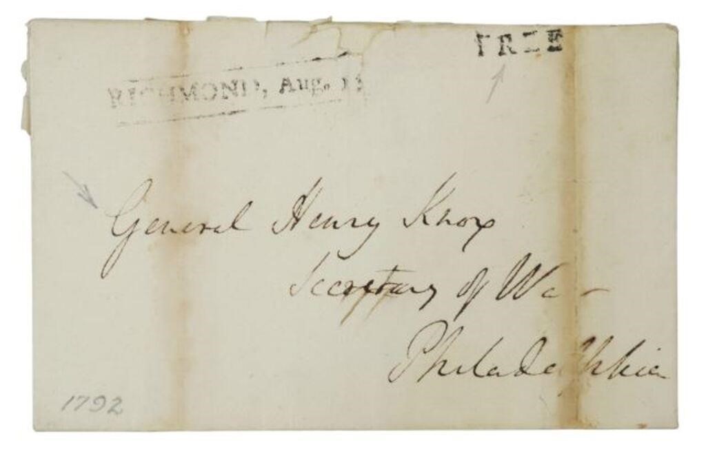 Appraisal: U S Stampless cover addressed to General Henry Knox Secretary