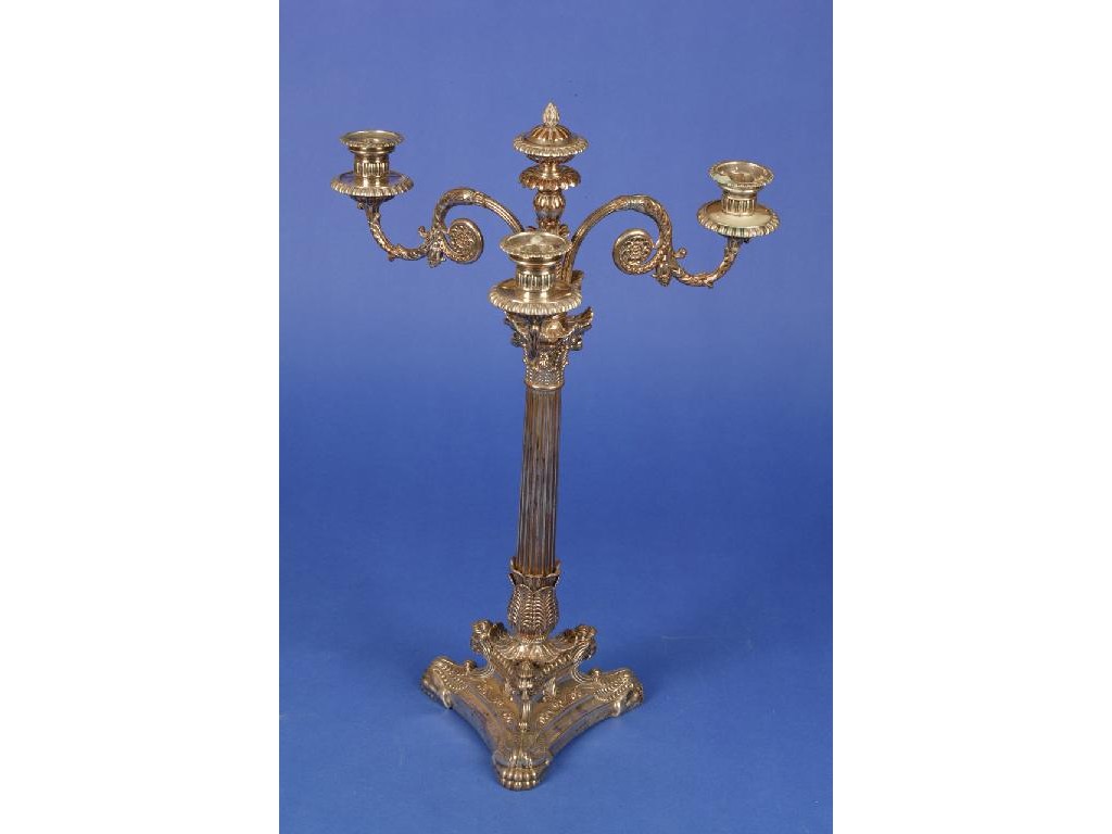 Appraisal: A LATE GEORGE III SILVER PLATED THREE BRANCH CANDELABRA in