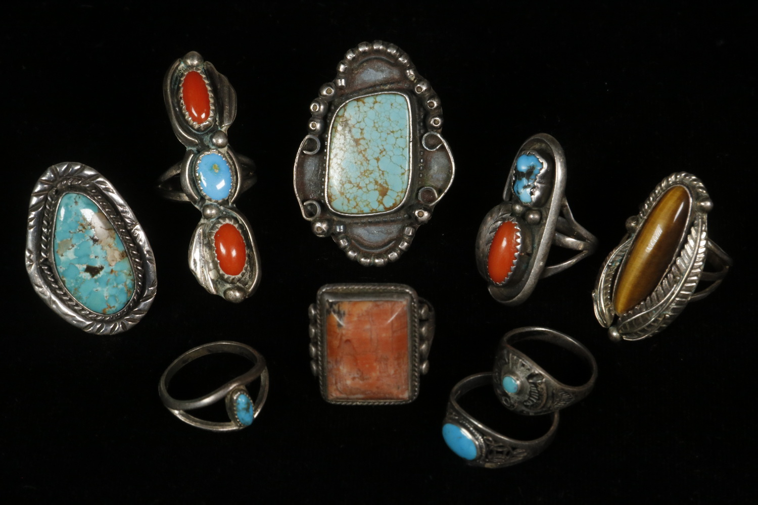 Appraisal: NATIVE AMERICAN SILVER STONE RINGS Group of Vintage Native American