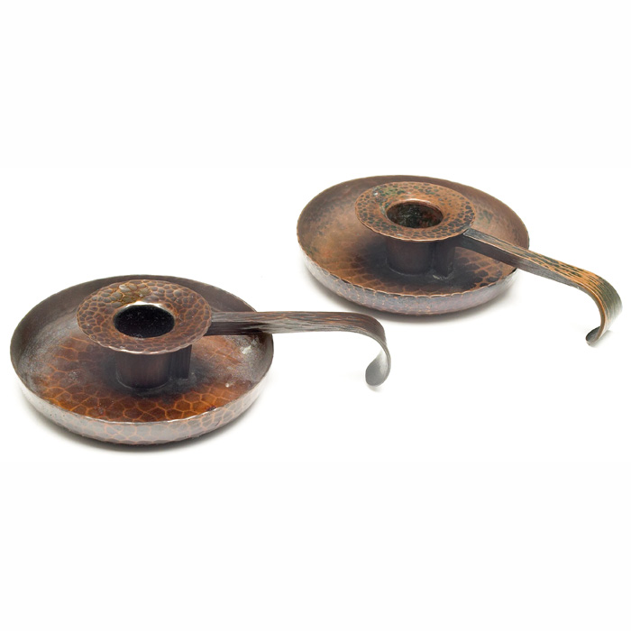 Appraisal: Roycroft chamber sticks pair round shape with long handle in